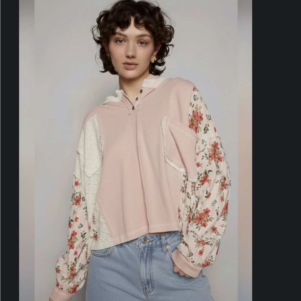 POL Soft Pink Knit Hooded Patchwork Top